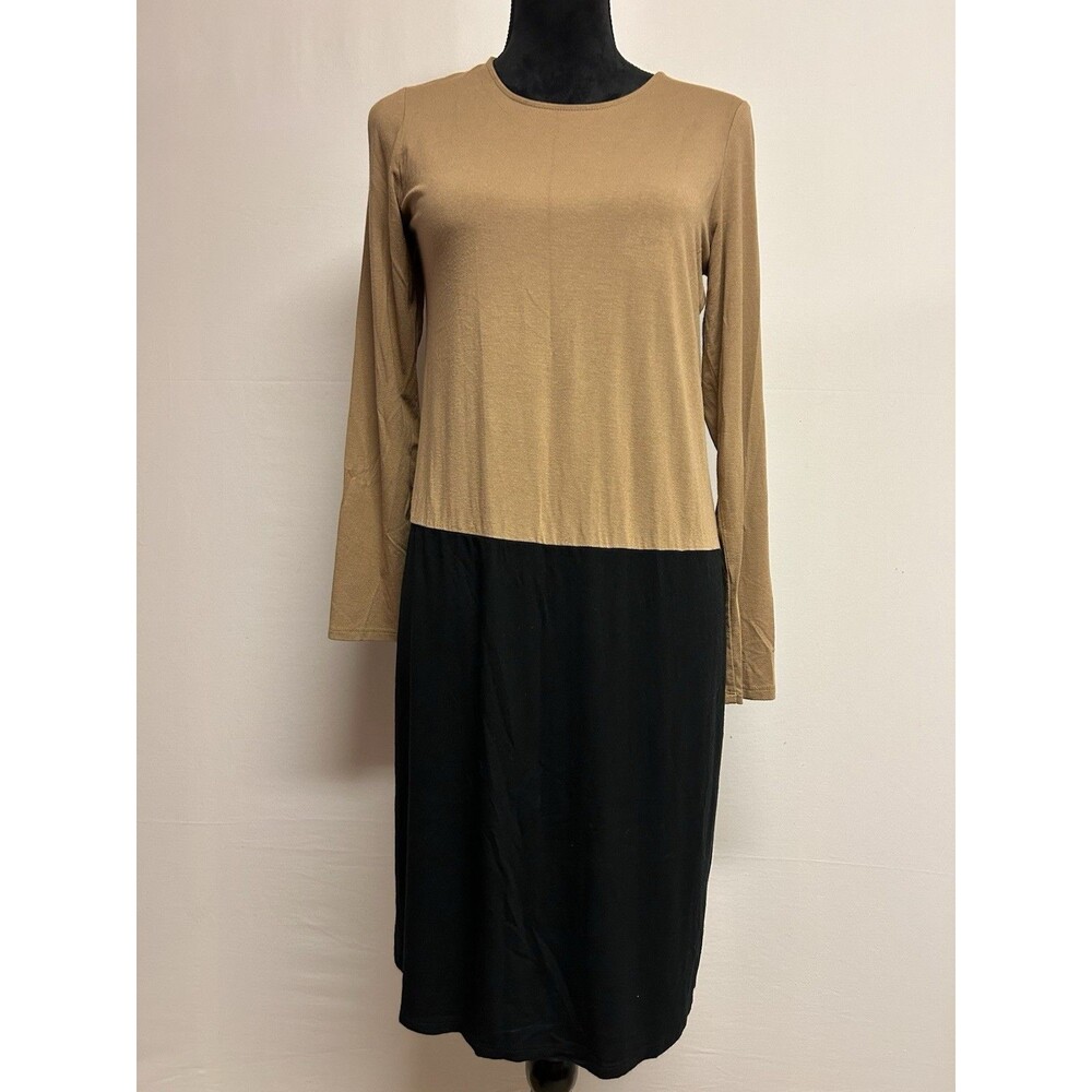 J.Jill Women Sz S Wearever Dress Two Tone Camel Black Pullover Long Sleeve